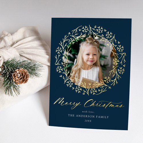 Elegant Snowflake Wreath Navy Photo Foil Holiday Card