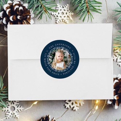 Elegant Snowflake Wreath Navy Photo Return Address Classic Round Sticker