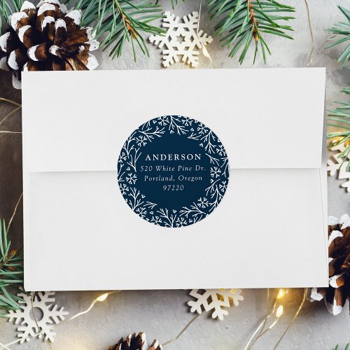 Elegant Snowflake Wreath Navy Return Address Label