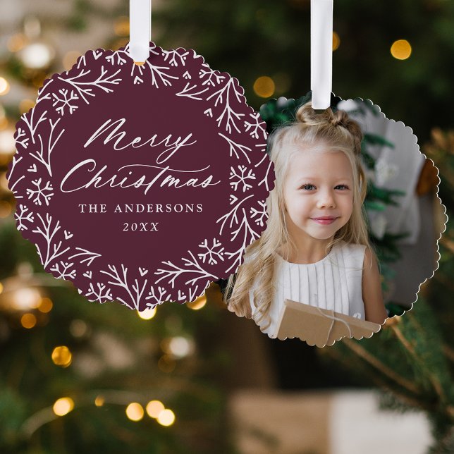 Elegant Snowflake Wreath Purple Photo Christmas Ornament Card (Creator Uploaded)