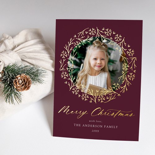 Elegant Snowflake Wreath Purple Photo Foil Holiday Card