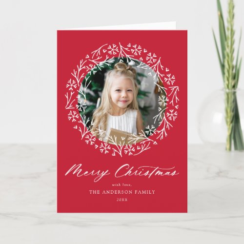 Elegant Snowflake Wreath Red 2 Photo Holiday Card