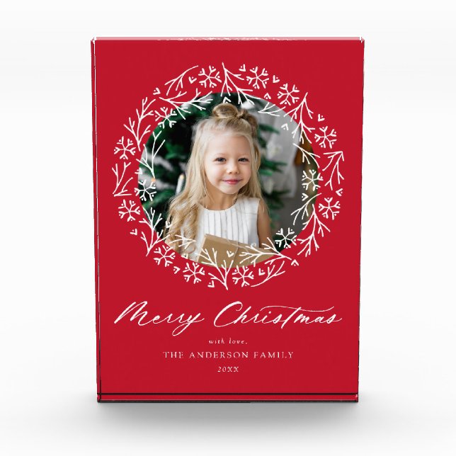 Elegant Snowflake Wreath Red Christmas Photo Block (Front)
