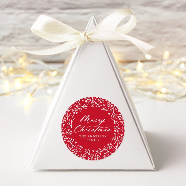 Elegant Snowflake Wreath Red Merry Christmas Classic Round Sticker (Creator Uploaded)