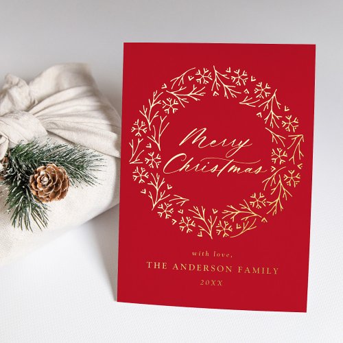 Elegant Snowflake Wreath Red Non_Photo Gold Foil Holiday Card