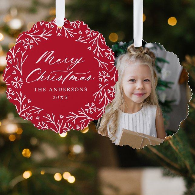Elegant Snowflake Wreath Red Photo Christmas Ornament Card (Creator Uploaded)