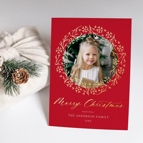 Elegant Snowflake Wreath Red Photo Foil Holiday Card