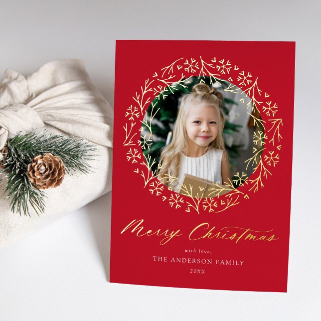 Elegant Snowflake Wreath Red Photo Foil Holiday Card (Creator Uploaded)