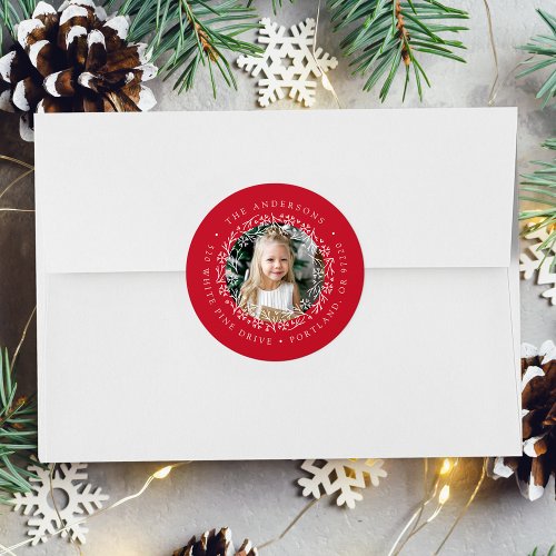 Elegant Snowflake Wreath Red Photo Return Address Classic Round Sticker