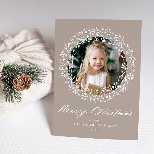 Elegant Snowflake Wreath Taupe Photo Holiday Card