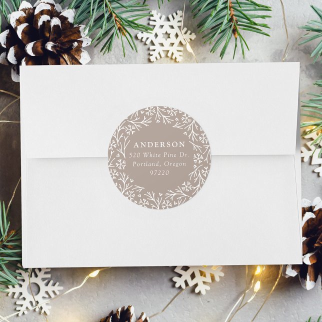 Elegant Snowflake Wreath Taupe Return Address Classic Round Sticker (Creator Uploaded)