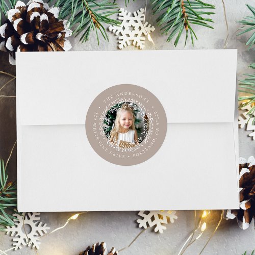 Elegant Snowflake Wreath Taupe Return Address Classic Round Sticker