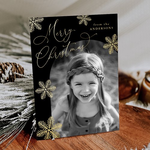 Elegant Snowflakes 2 Photo Black and Gold Foil Holiday Card
