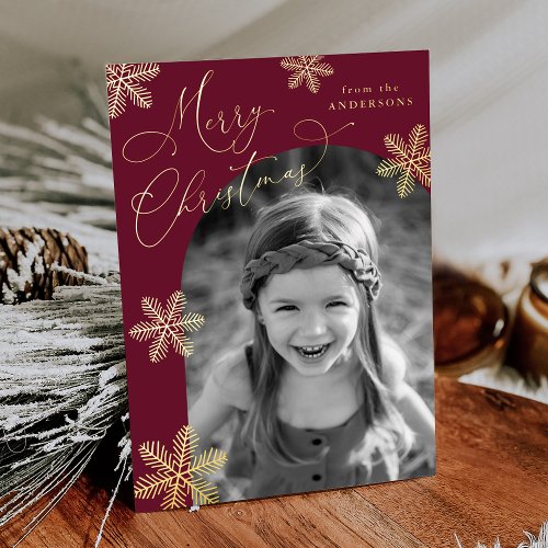 Elegant Snowflakes 2 Photo Burgundy and Gold Foil Holiday Card