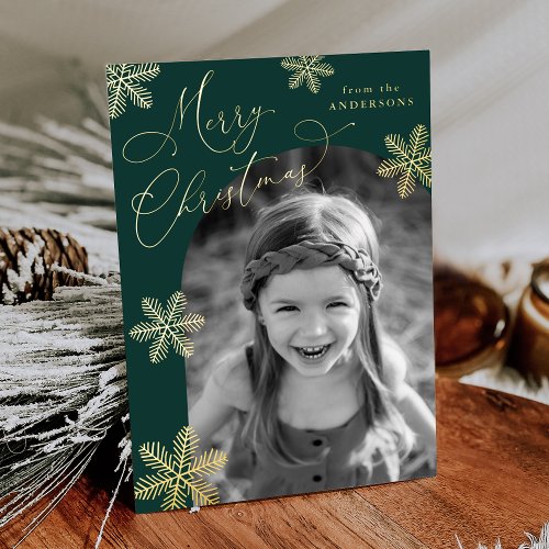 Elegant Snowflakes 2 Photo Green and Gold Foil Holiday Card