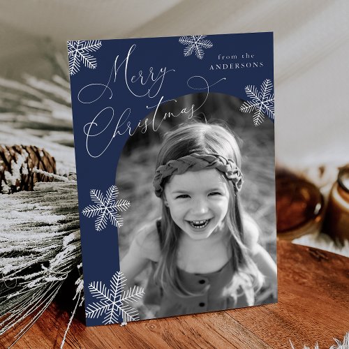 Elegant Snowflakes 2 Photo Navy and Silver Foil Holiday Card
