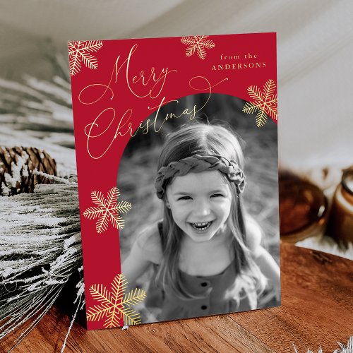 Elegant Snowflakes 2 Photo Red and Gold Foil Holiday Card