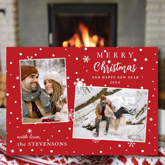Elegant Snowflakes 2 Photo Red Merry Christmas  Holiday Card (Creator Uploaded)