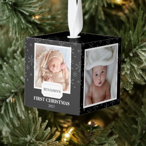 Elegant Snowflakes Baby First Christmas 4 Photo Cube Ornament