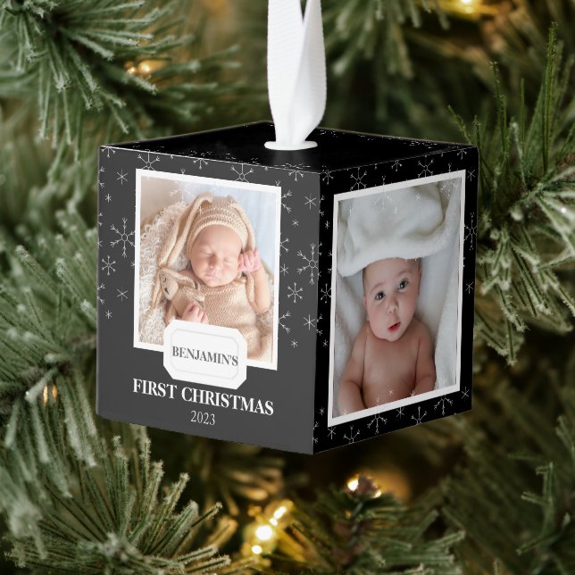 Elegant Snowflakes Baby First Christmas 4 Photo Cube Ornament (Tree)