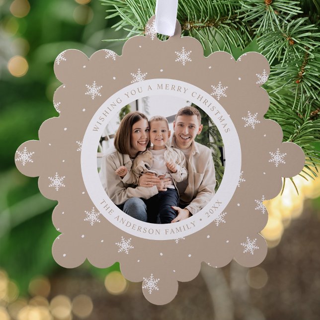 Elegant Snowflakes Beige 2 Photo Holiday Ornament Card (Creator Uploaded)