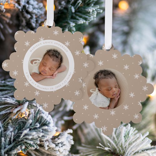 Elegant Snowflakes Beige Babys First Christmas Ornament Card