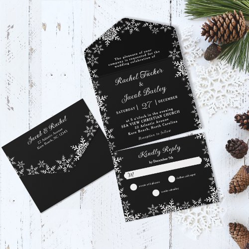 Elegant Snowflakes Black  White Christmas Wedding All In One Invitation