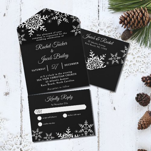 Elegant Snowflakes Black  White Winter Wedding All In One Invitation