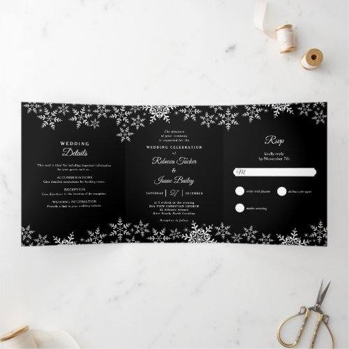 Elegant Snowflakes Black  White Winter Wedding Tri_Fold Invitation