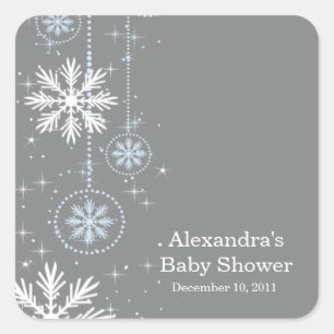 Elegant Snowflakes Blue & Grey Baby Shower Square Sticker
