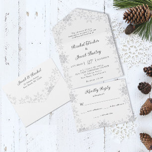 Elegant Snowflakes Border White Christmas Wedding All In One Invitation