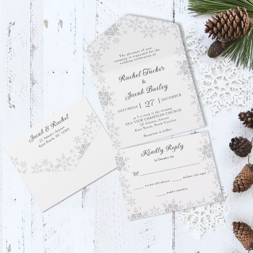 Elegant Snowflakes Border White Christmas Wedding All In One Invitation