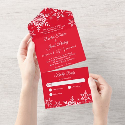 Elegant Snowflakes Christmas Bright Red Wedding All In One Invitation