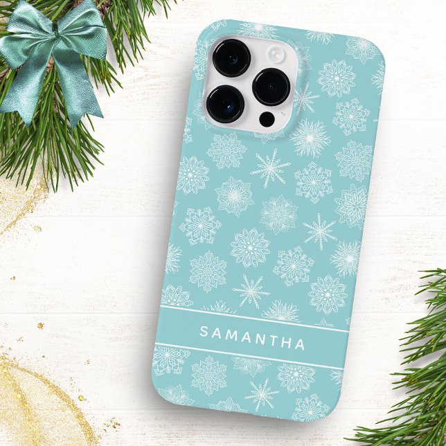 Elegant Snowflakes Christmas Teal Blue Monogrammed Case-Mate iPhone Case (Creator Uploaded)