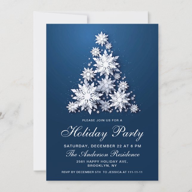Elegant Snowflakes Christmas Tree Holiday Party Invitation (Front)