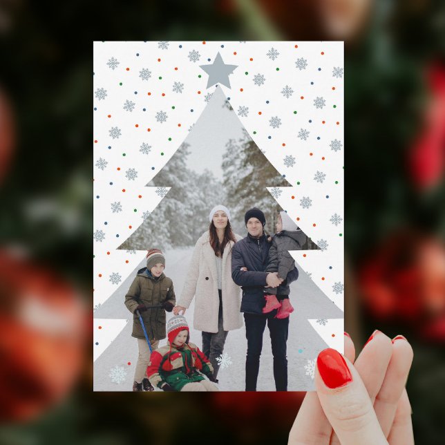 Elegant snowflakes christmas tree photo (Elegant snowflake personalized Christmas photo card with snow and colourful polka dots)