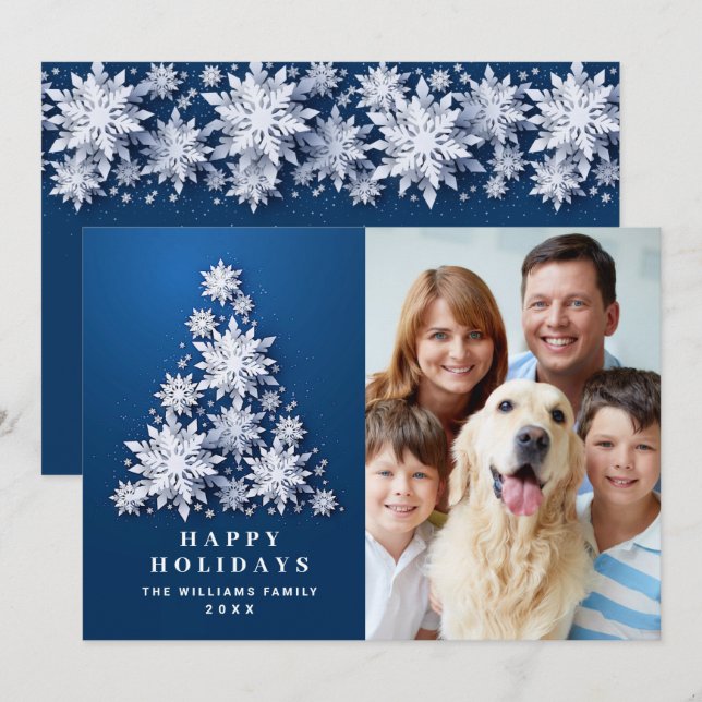 Elegant Snowflakes Christmas Tree Photo Holiday Card (Front/Back)
