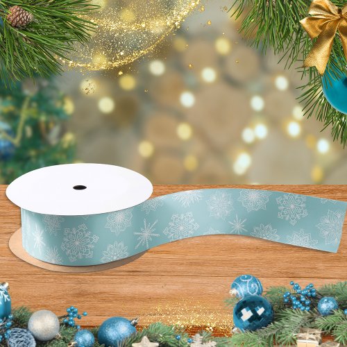 Elegant Snowflakes Coastal Teal Blue Christmas Satin Ribbon