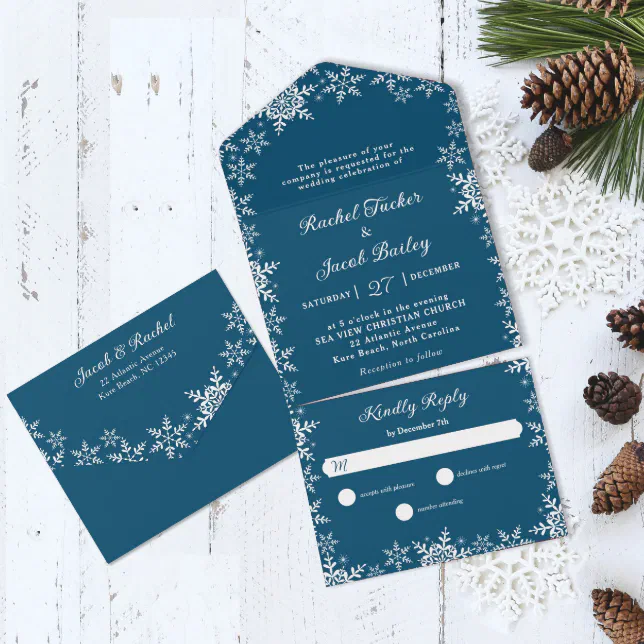 Elegant Snowflakes Dark Blue Christmas Wedding All In One Invitation