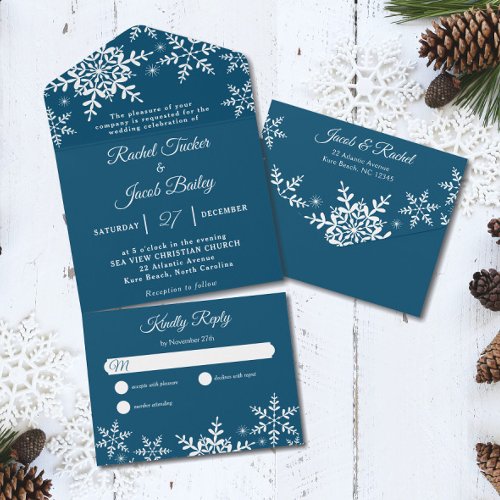 Elegant Snowflakes Dark Blue Navy Winter Wedding All In One Invitation
