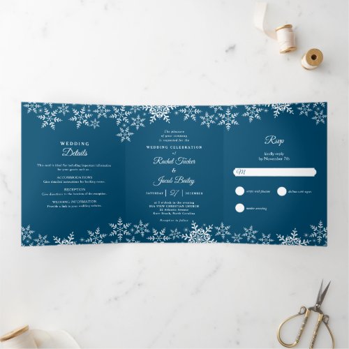 Elegant Snowflakes Dark Blue Navy Winter Wedding Tri_Fold Invitation