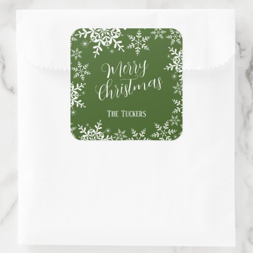 Elegant Snowflakes Dark Green Merry Christmas Gift Square Sticker