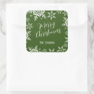 Elegant Snowflakes Dark Green Merry Christmas Gift Square Sticker