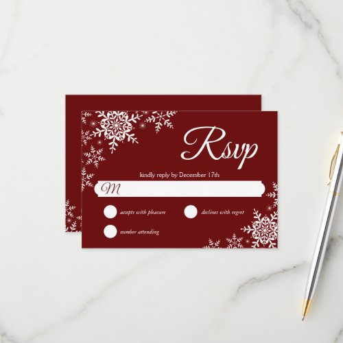 Elegant Snowflakes Dark Red Burgundy Wedding RSVP Card