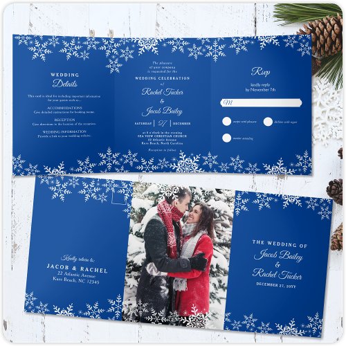 Elegant Snowflakes Deep Blue Winter Wedding Tri_Fold Invitation