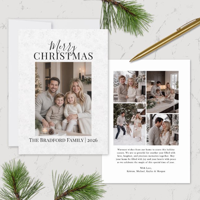 Elegant Snowflakes Family Christmas Photo Card (modern elegant white subdued snowflakes minimalist merry christmas photo front collage back and note)