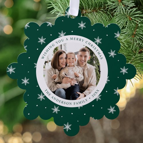Elegant Snowflakes Green 2 Photo Holiday Ornament Card