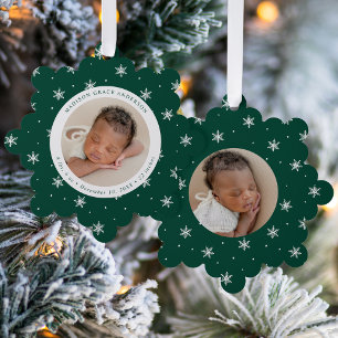 Elegant Snowflakes Green Baby's First Christmas Ornament Card