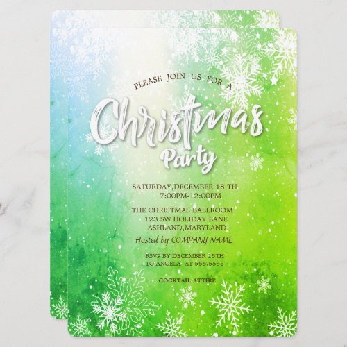 Elegant Snowflakes Green Christmas Company Invitation