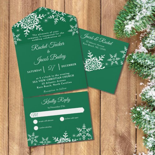 Elegant Snowflakes Green Christmas Winter Wedding All In One Invitation